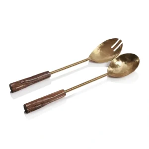 IN-7317 SET/2 HAMMERED GOLD SALAD SERVER W/ WOODEN HANDLE - cozylivehome.com | we sell a wide range of comfortable household items* Giftware