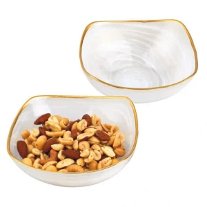KM734 White Alabaster 5″ Squarish Glass Fruit or Salad Bowl With Gold Rim - cozylivehome.com | we sell a wide range of comfortable household items* Giftware
