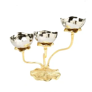 LR1018 11.75" 3 bowl Stainless Steel Relish Dish with Gold Lotus foot - cozylivehome.com | we sell a wide range of comfortable household items* Giftware