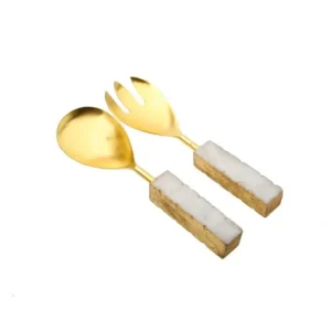 MCS043 Set of 2 Gold Salad Servers with Agate StoneHandle - 10" L - cozylivehome.com | we sell a wide range of comfortable household items* Giftware