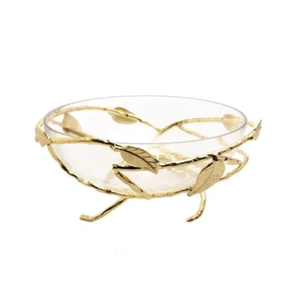 RB2006 Hammered Glass 12.5" Salad Bowl with Gold Brass Leaf Decoration - cozylivehome.com | we sell a wide range of comfortable household items* Giftware