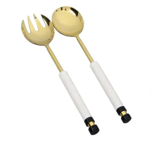 SS1028 Set of 2 Gold Salad Servers with White Stone Handle Insert - cozylivehome.com | we sell a wide range of comfortable household items* Giftware