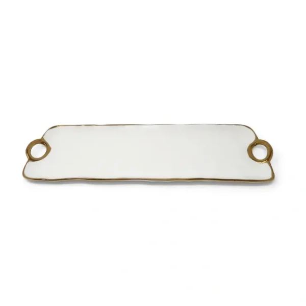 WPD3648 White Porcelain Oblong Tray with Gold Trim and Handles 15.25"L x 5"W - cozylivehome.com | we sell a wide range of comfortable household items* Giftware