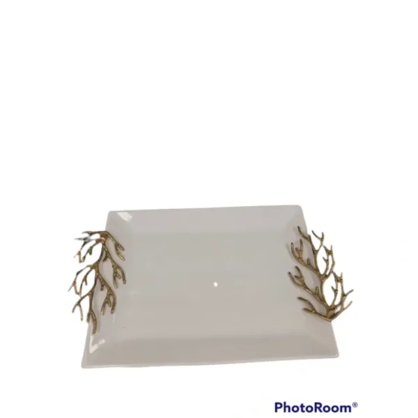 WRT2471 White Rectangular Tray W/ Gold Coral Design Handles 18.5"L 7.8"W - cozylivehome.com | we sell a wide range of comfortable household items* Giftware